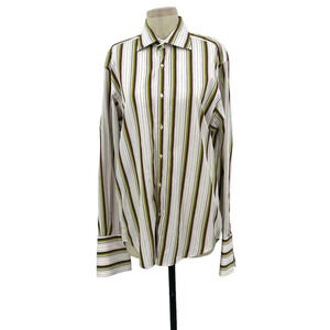 Etro Men's‎ Button Down Shirt White Lime Green Maroon Pinstripe Size 39